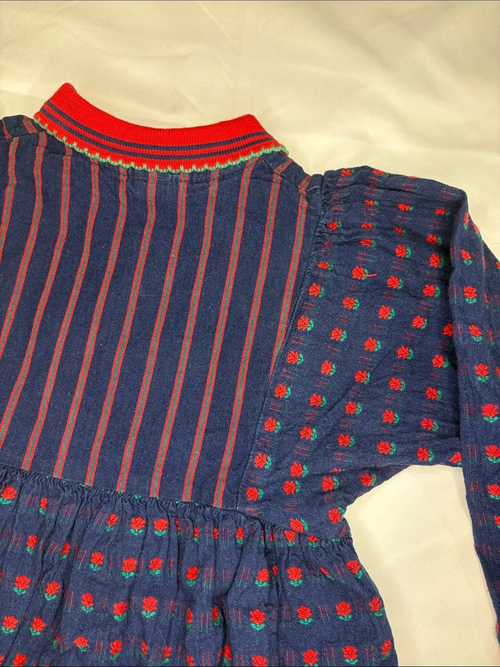 Vintage 80s/90s Denim Red Rose Floral Long Sleeve Collared Osh Kosh Girl’s Dress